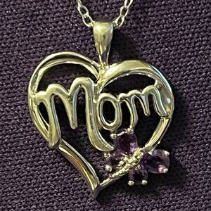Sterling Silver MOM Heart Pendant, Amethyst & Diamond Accent - Mother’s Day Gift